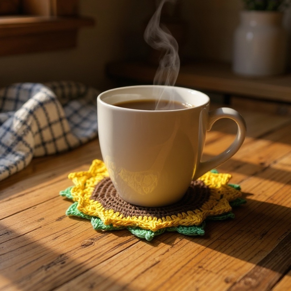 NEW DESIGN - Sunflower coaster Crochet 3D petal large mug size, handmade, cotton